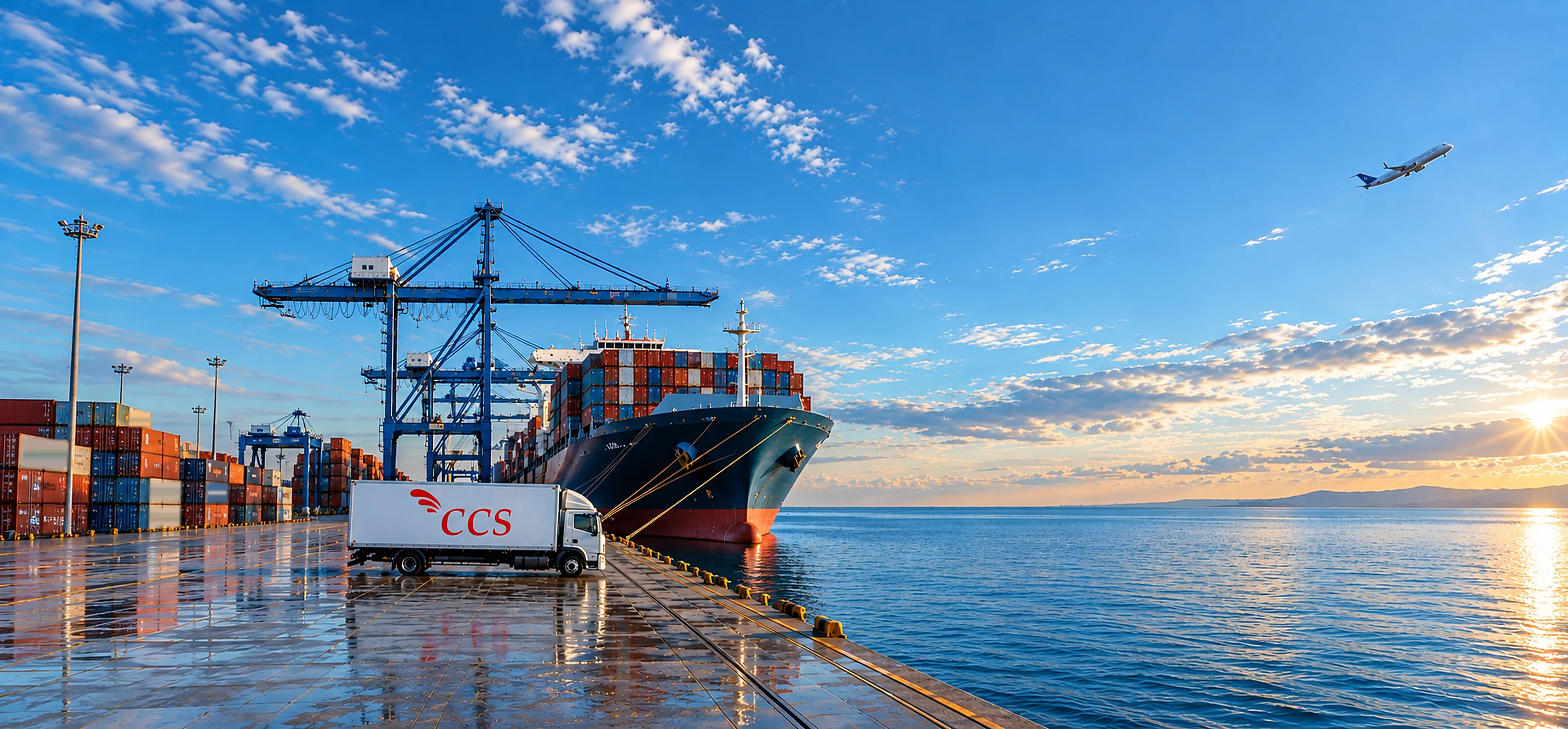 A container port at sunset: stacked containers, gantry cranes, a moored container ship, and a white CCS truck on the quay